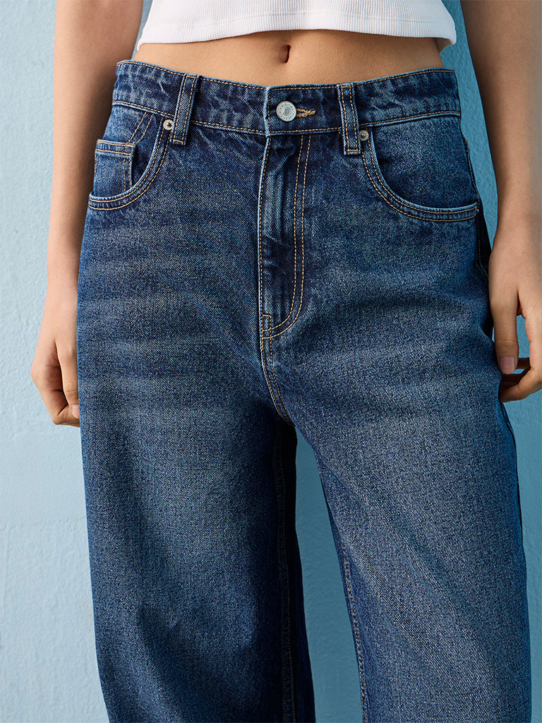 Nuon Dark Blue Washed High-Rise Jeans