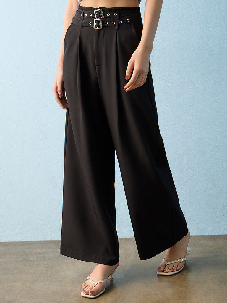Nuon Black High-Rise Trousers with an Eyelet Belt