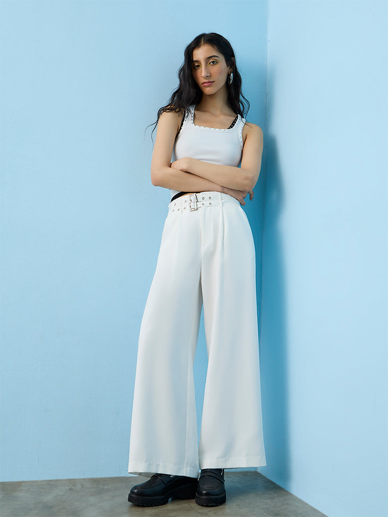 Nuon White Solid High-Rise Pants