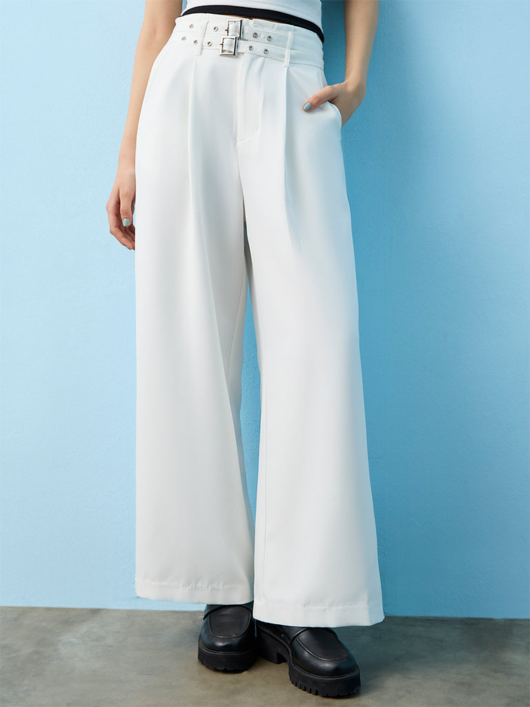 Nuon White Solid High-Rise Pants