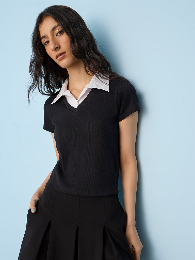 Nuon Black Solid Cotton T-Shirt