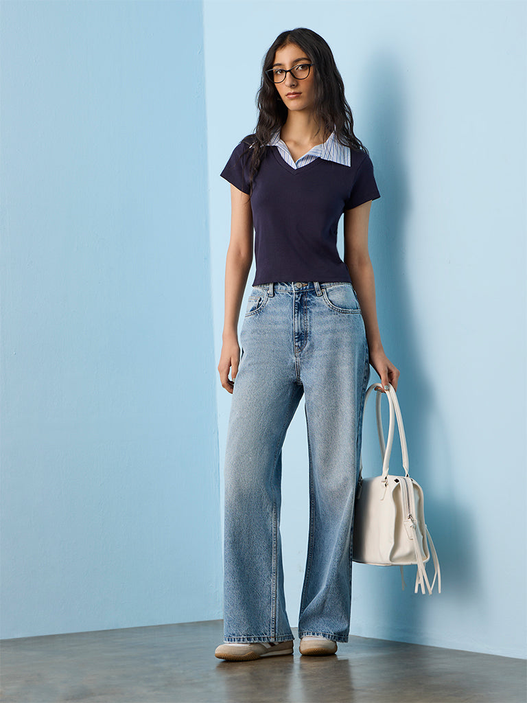 Nuon Navy Solid Cotton T-Shirt