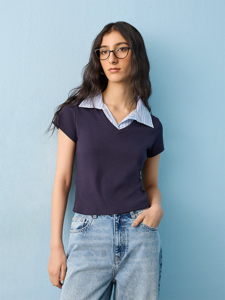 Nuon Navy Solid Cotton T-Shirt