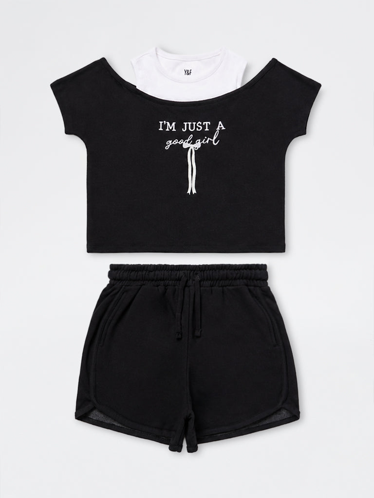 Girls Black Text Embroidered Cotton-Blend T-Shirt and Shorts Set