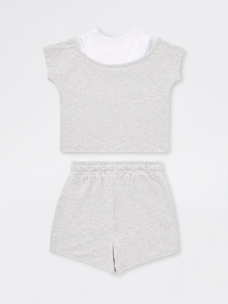 Girls Grey Text Printed Cotton-Blend T-Shirt and Shorts Set