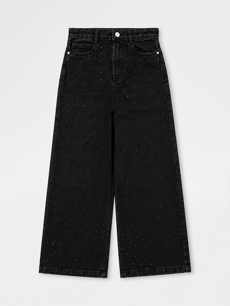 Girls Black Embellished High-Rise Jeans