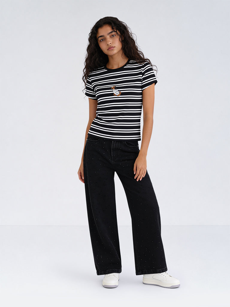 Girls Black Embellished High-Rise Jeans