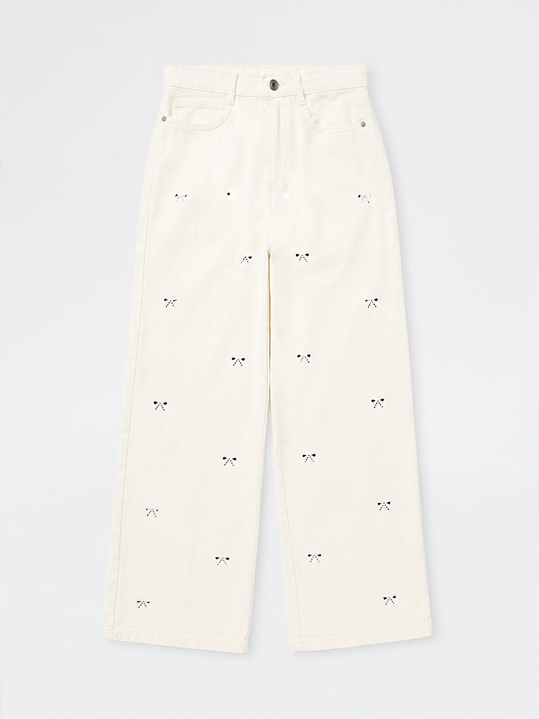 Girls White Bow Detailed High-Rise Relaxed-Fit Jeans