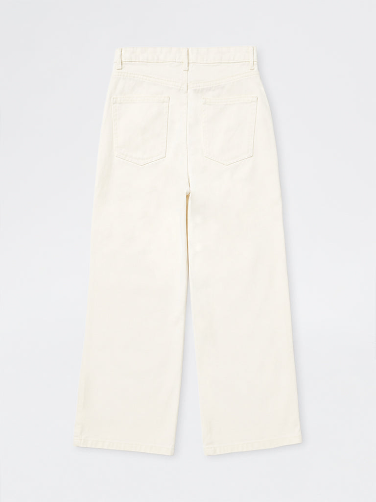 Girls White Bow Detailed High-Rise Relaxed-Fit Jeans