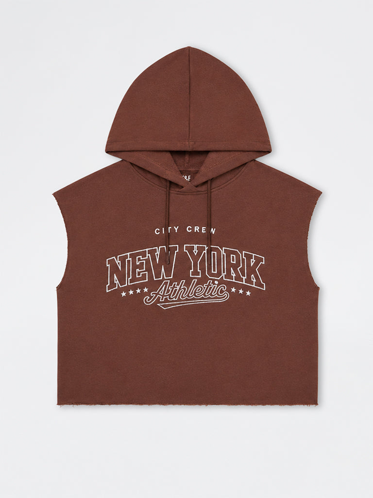 Girls Brown Text-Printed Cotton-Blend Sweatshirt