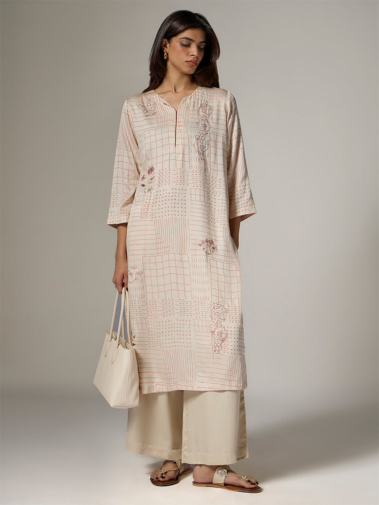 Zuba Cream Printed A-Line Kurta