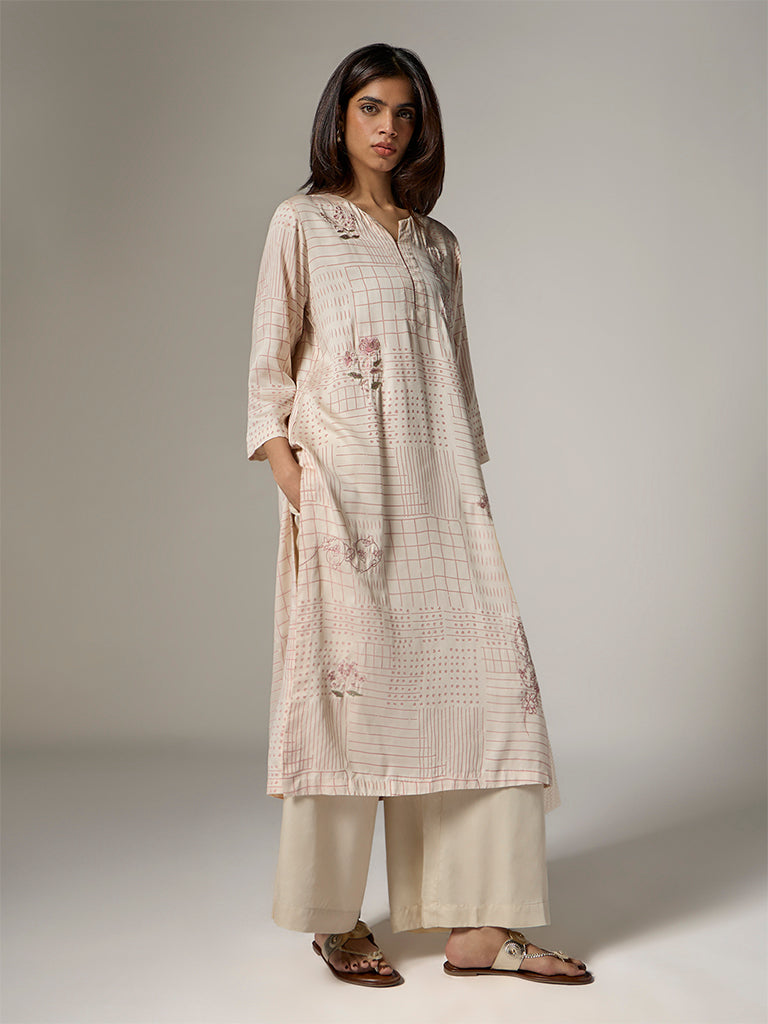 Zuba Cream Printed A-Line Kurta