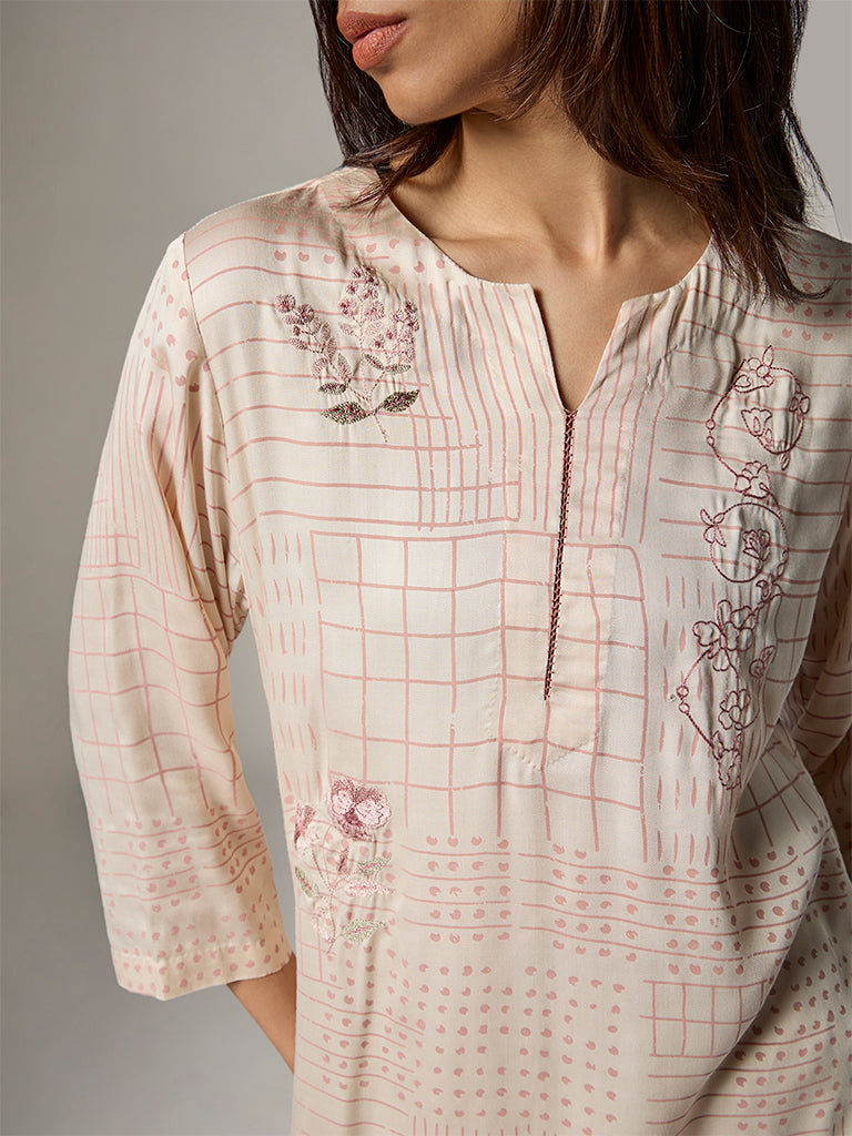 Zuba Cream Printed A-Line Kurta