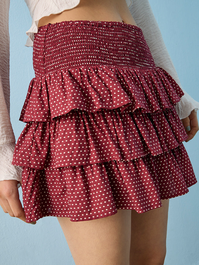 Nuon Burgundy Polka Dot Printed High-Rise Tiered Skirt