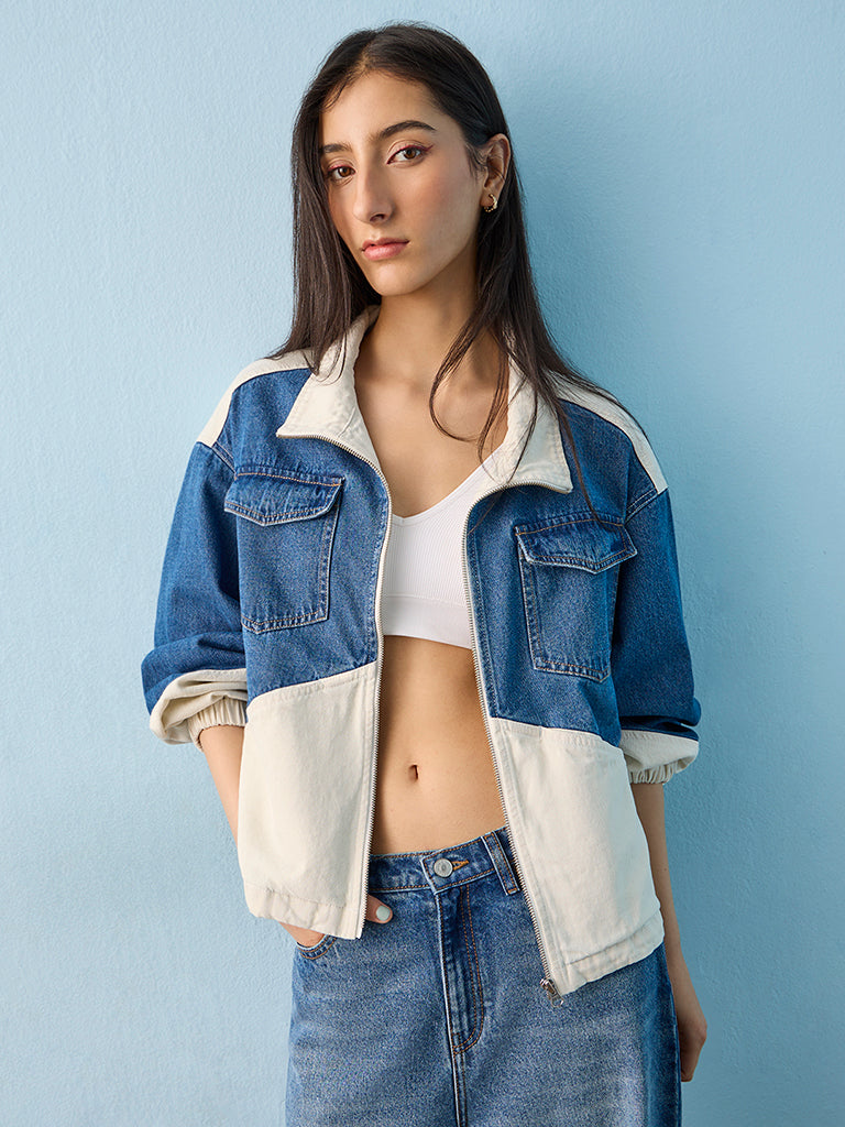 Nuon Blue Colour-Blocked Denim Jacket