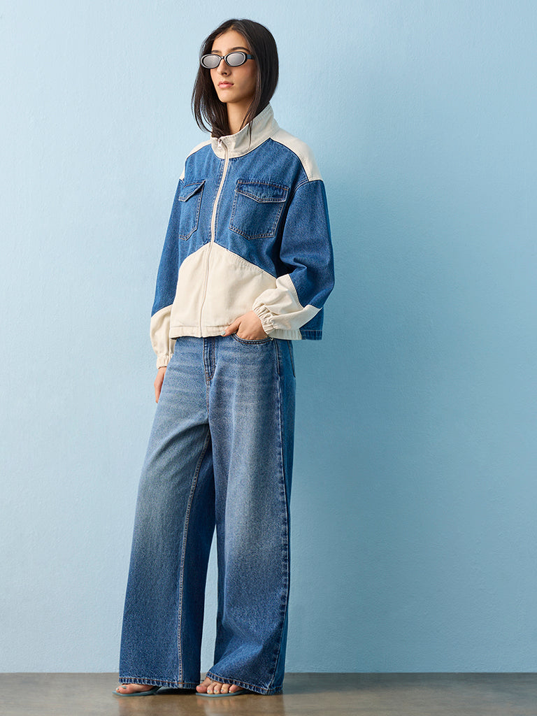 Nuon Blue Colour-Blocked Denim Jacket