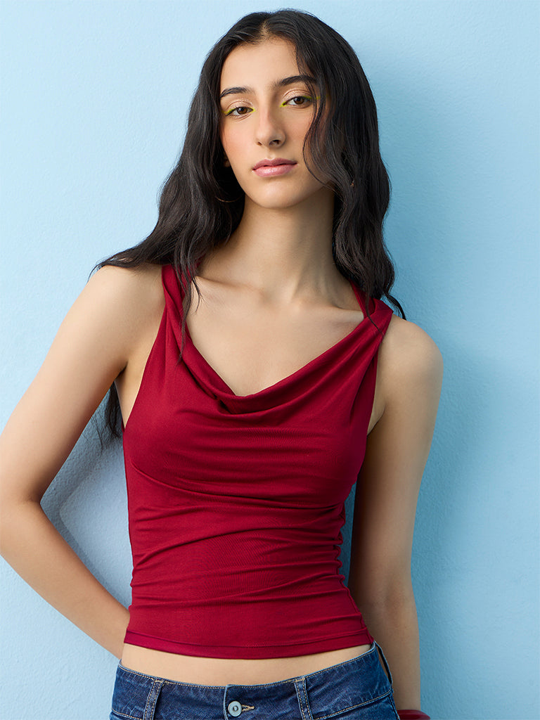 Nuon Burgundy Cowl-Neck Top