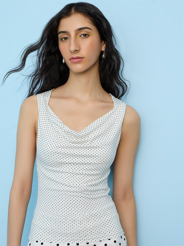 Nuon White Polka Dot Cowl-Neck Top