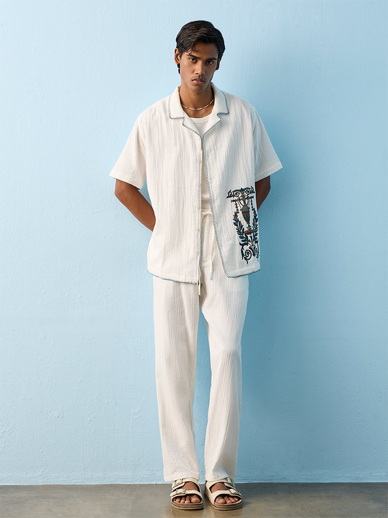ETA Off-White Botanical Embroidered Relaxed-Fit Cotton Shirt