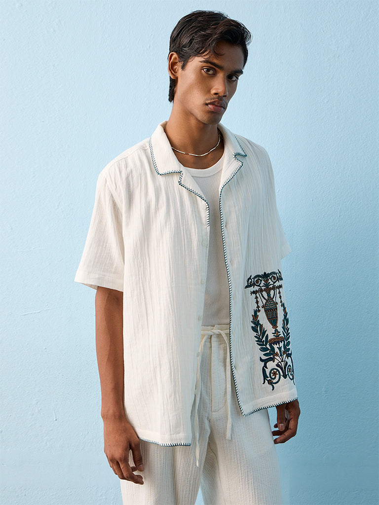 ETA Off-White Botanical Embroidered Relaxed-Fit Cotton Shirt