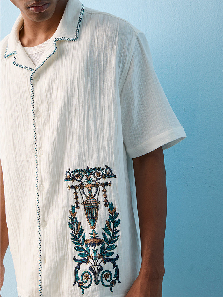 ETA Off-White Botanical Embroidered Relaxed-Fit Cotton Shirt