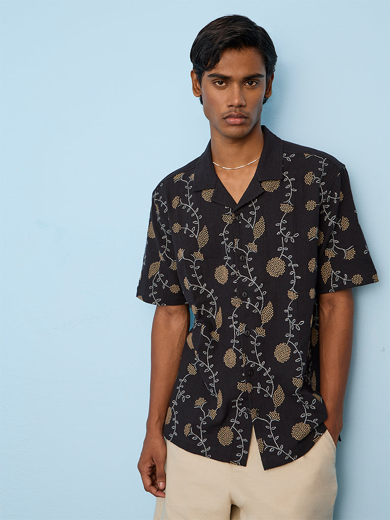 ETA Black Floral Design Relaxed-Fit Cotton Shirt