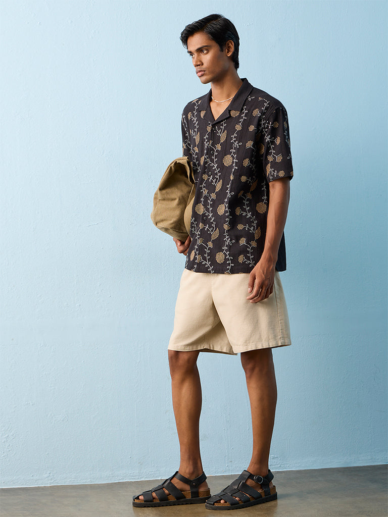 ETA Black Floral Design Relaxed-Fit Cotton Shirt
