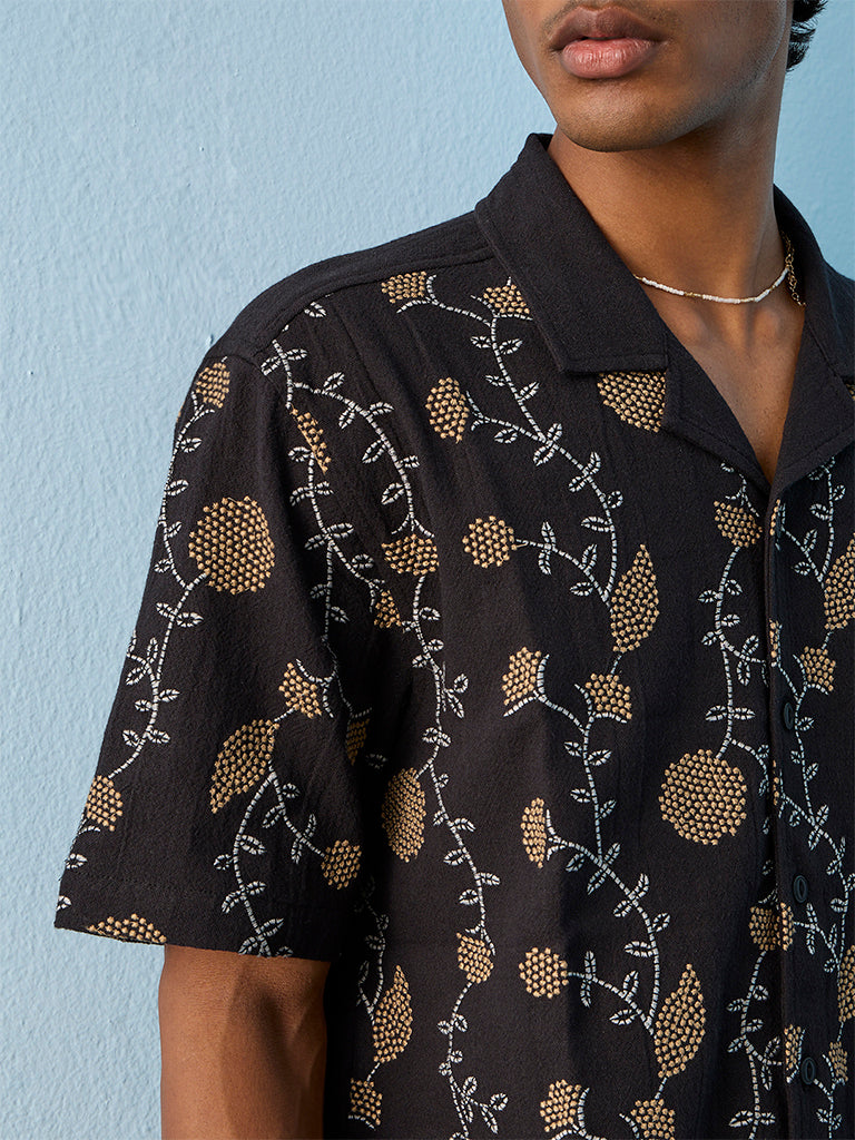 ETA Black Floral Design Relaxed-Fit Cotton Shirt
