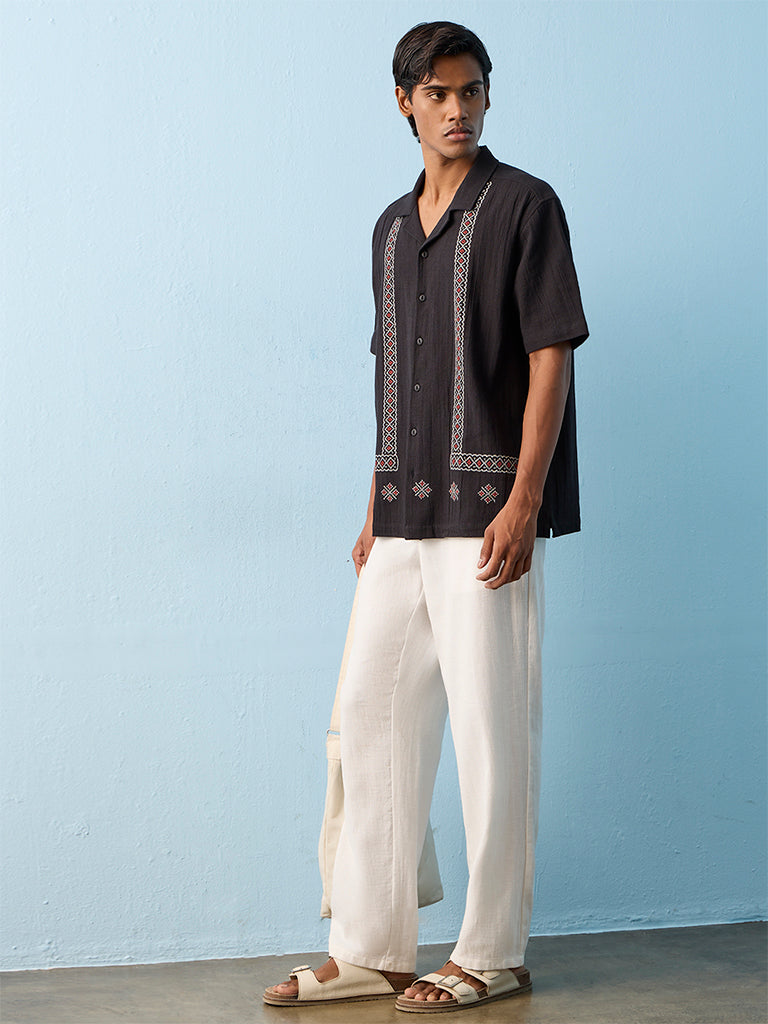 ETA Black Embroidered Relaxed-Fit Cotton Shirt