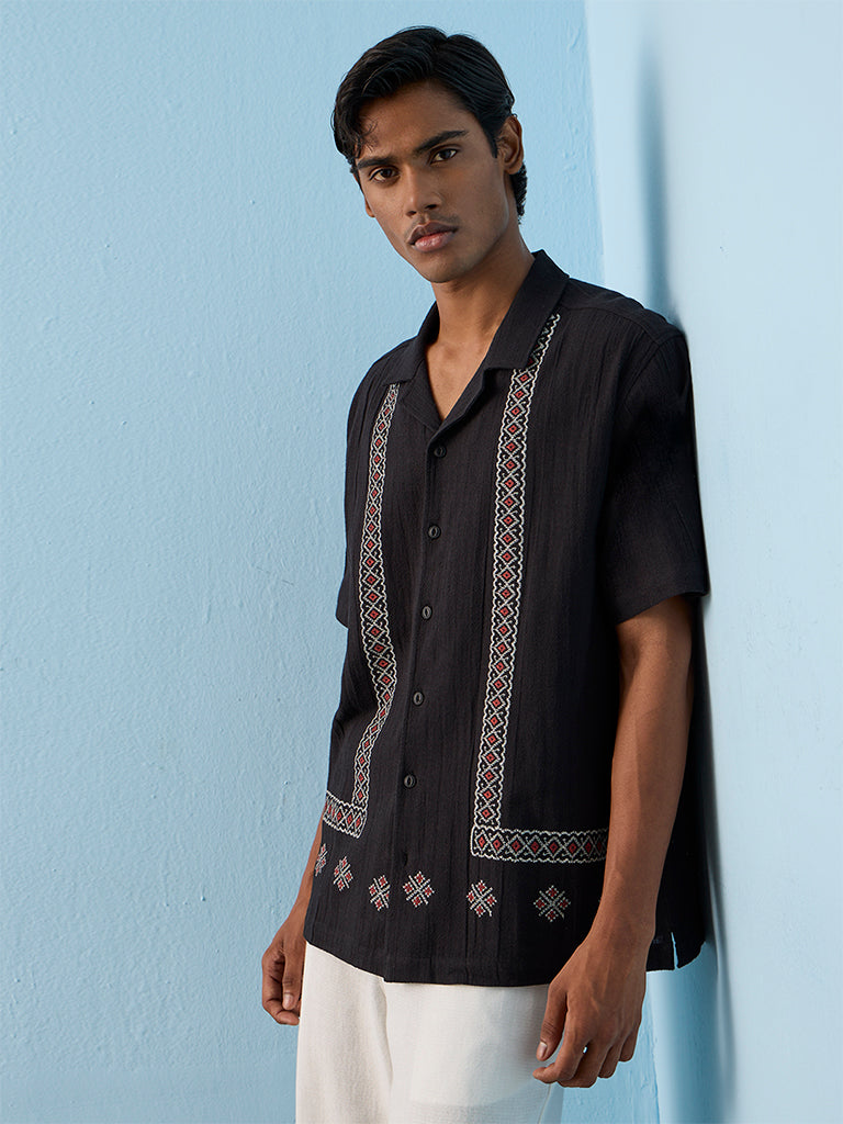 ETA Black Embroidered Relaxed-Fit Cotton Shirt