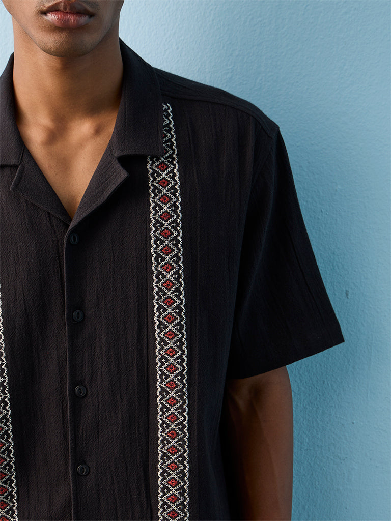 ETA Black Embroidered Relaxed-Fit Cotton Shirt