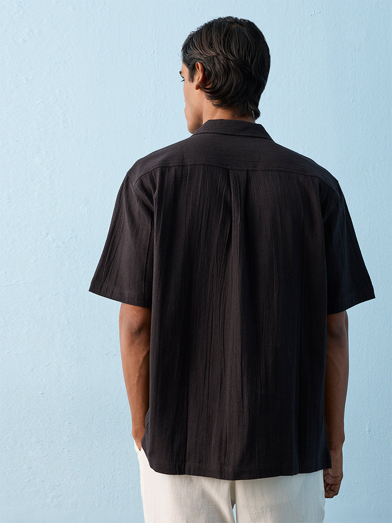 ETA Black Embroidered Relaxed-Fit Cotton Shirt