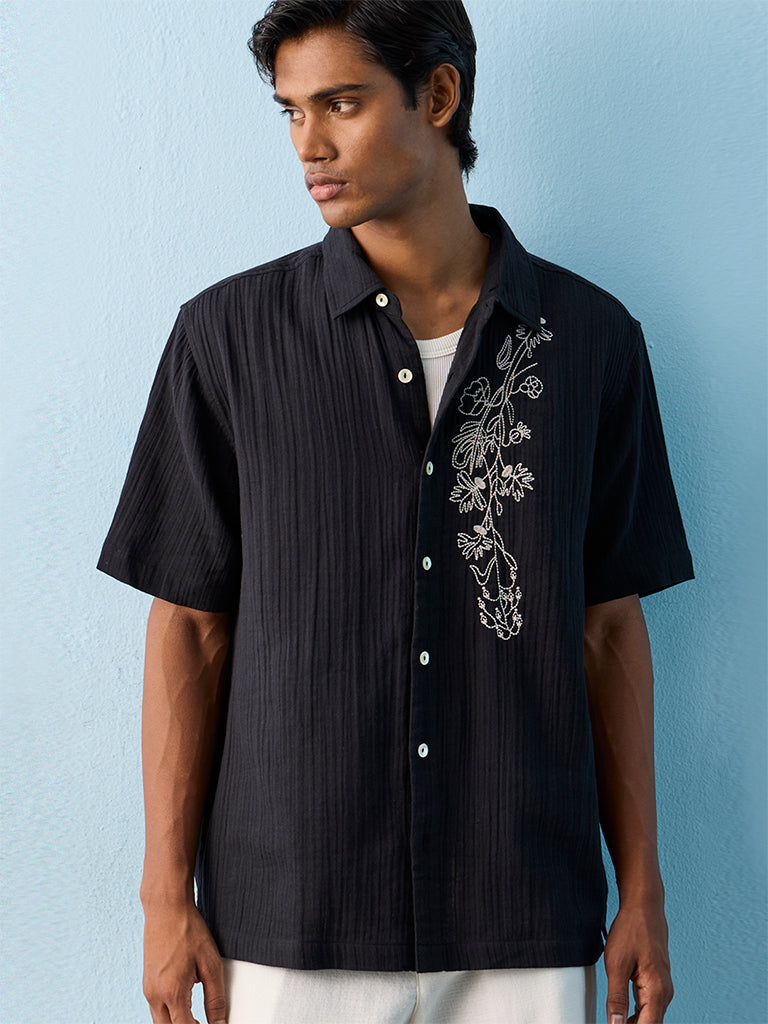 ETA Black Floral-Embroidered Relaxed-Fit Cotton Shirt