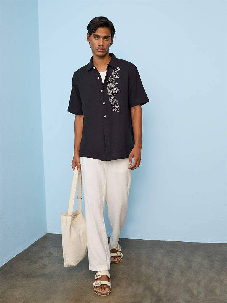 ETA Black Floral-Embroidered Relaxed-Fit Cotton Shirt