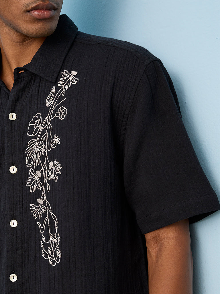 ETA Black Floral-Embroidered Relaxed-Fit Cotton Shirt