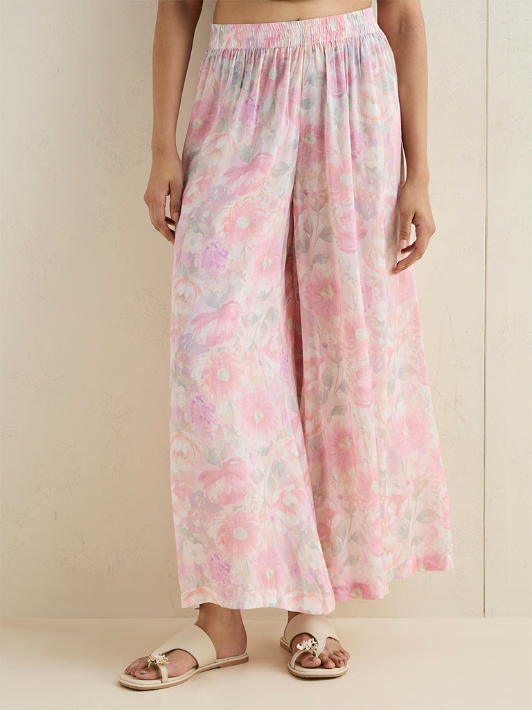 Zuba Pink Floral Pattern Palazzos