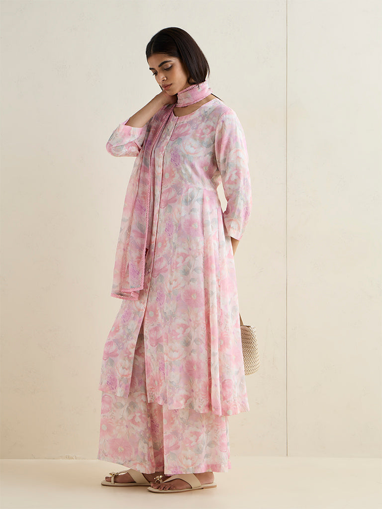 Zuba Pink Floral Pattern Cotton-Blend Stole