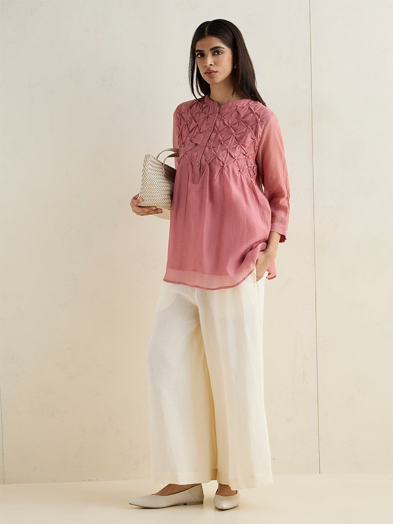 Zuba Dusty Rose Pintuck Design Silk Chanderi Tunic