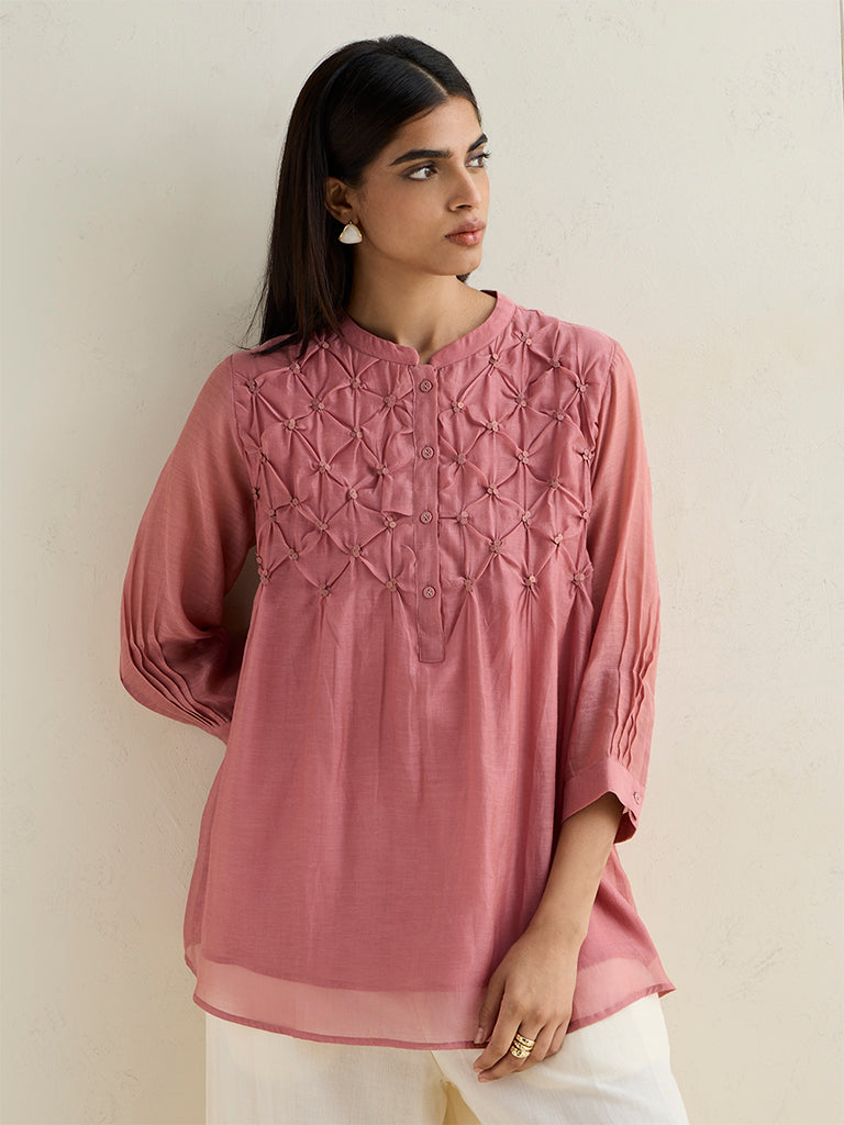Zuba Dusty Rose Pintuck Design Silk Chanderi Tunic