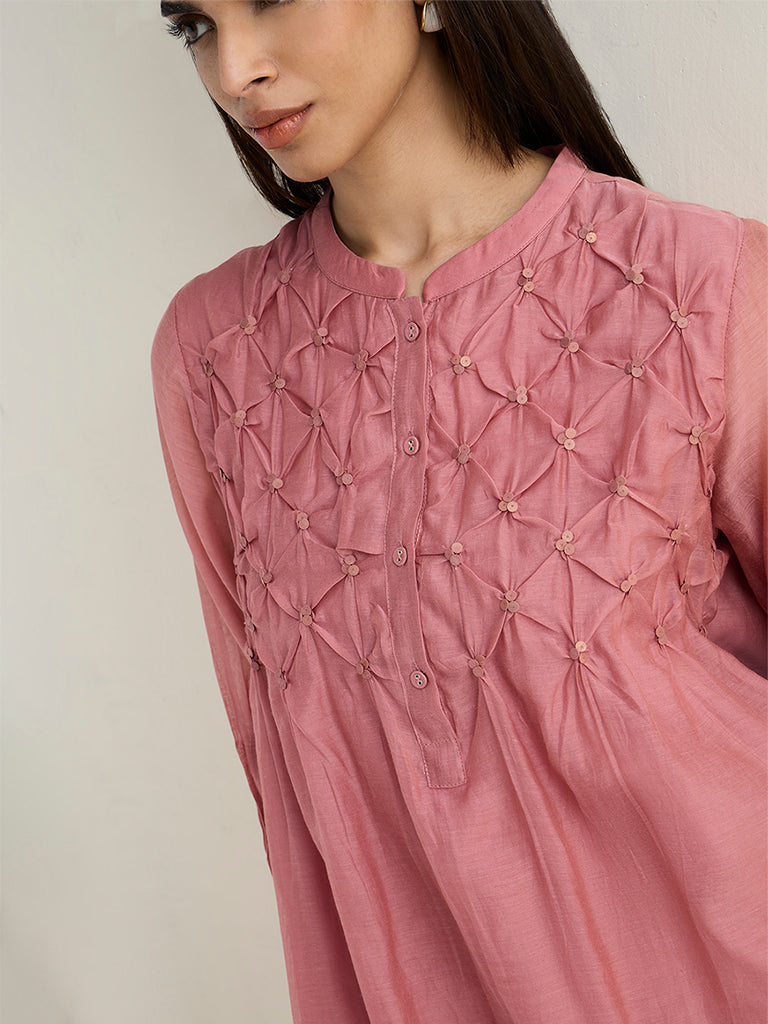 Zuba Dusty Rose Pintuck Design Silk Chanderi Tunic
