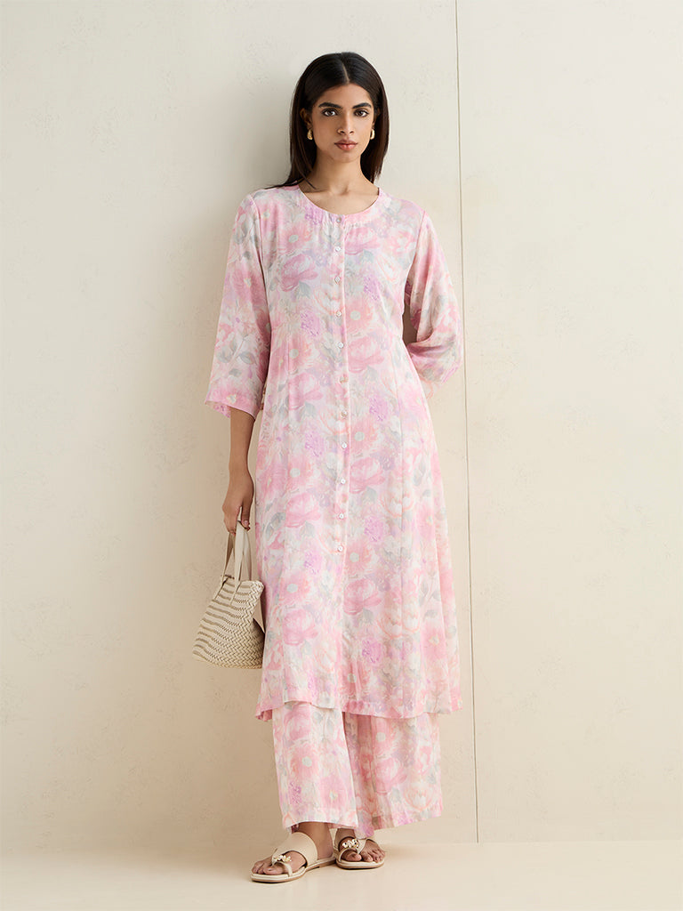 Zuba Pink Floral Pattern A-Line Kurta