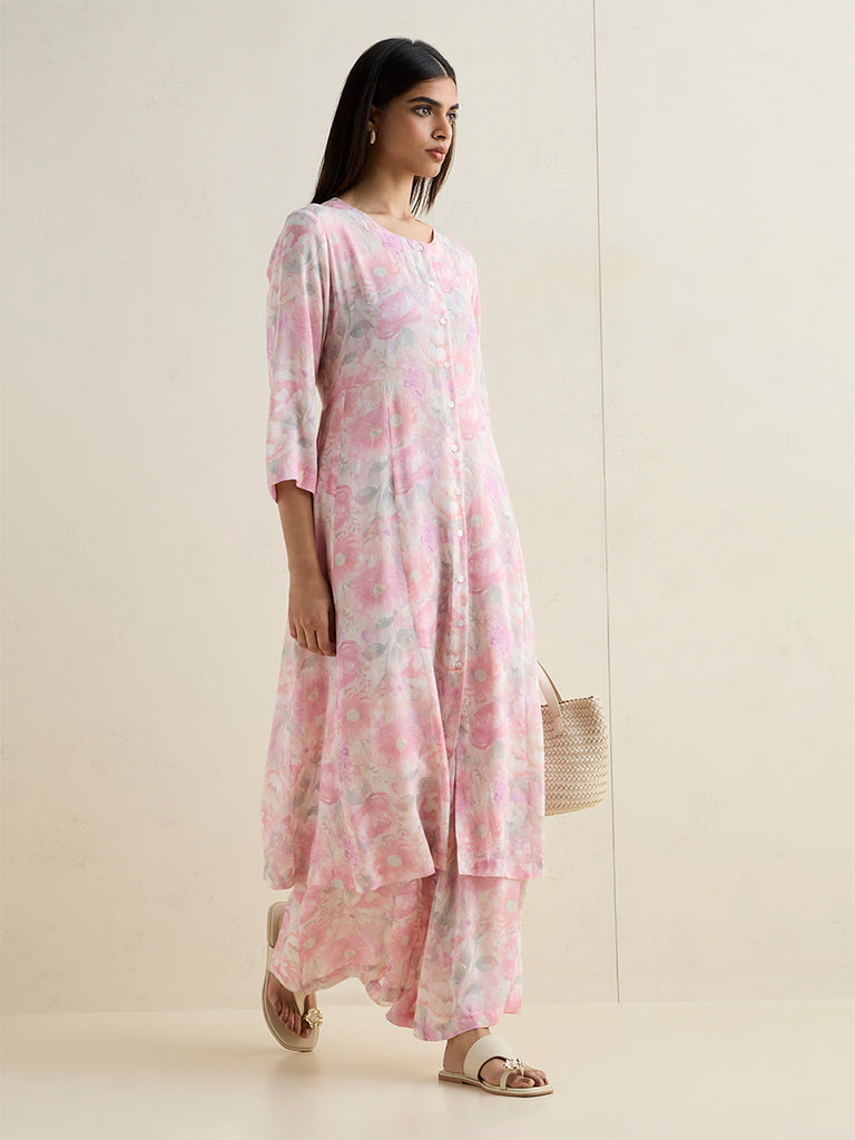 Zuba Pink Floral Pattern A-Line Kurta