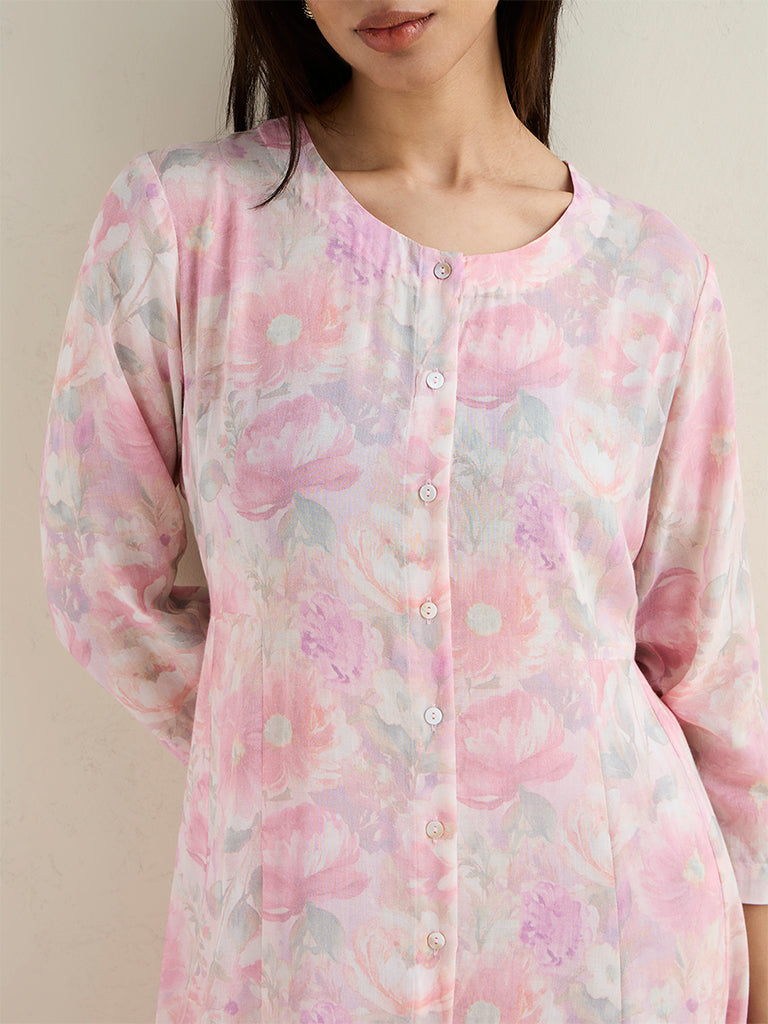 Zuba Pink Floral Pattern A-Line Kurta