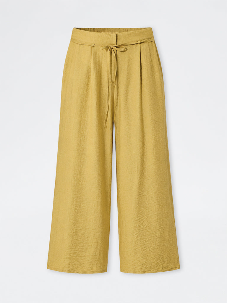 Gia Mustard Crinkle-Textured Trousers with Belt