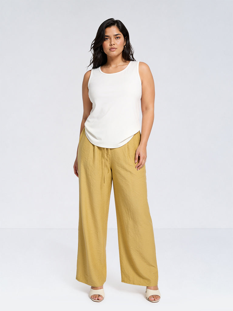 Gia Mustard Crinkle-Textured Trousers with Belt