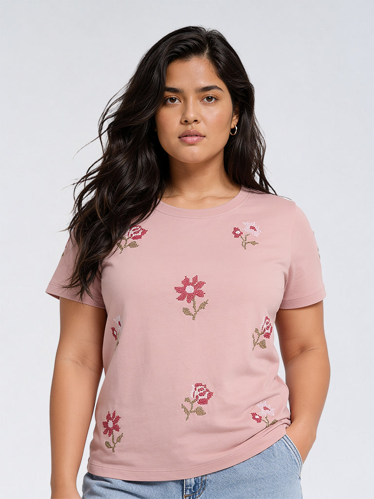 Gia Dusty Pink Floral Embroidered Cotton T-Shirt