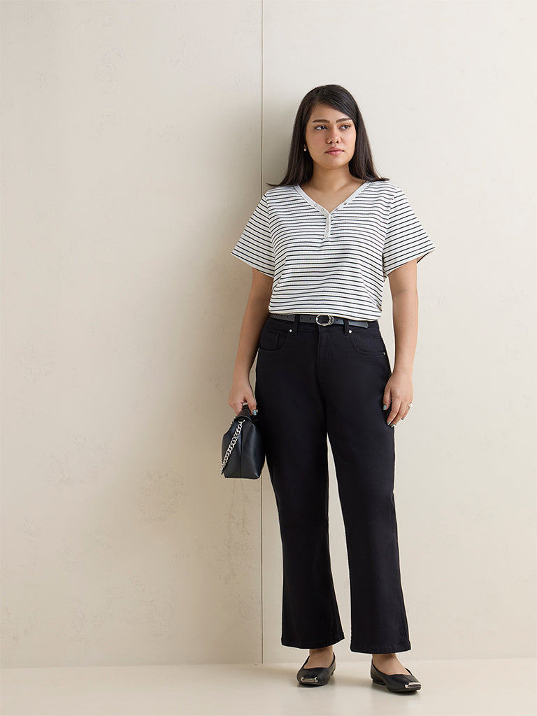 Gia White and Black Striped Cotton-Blend Top