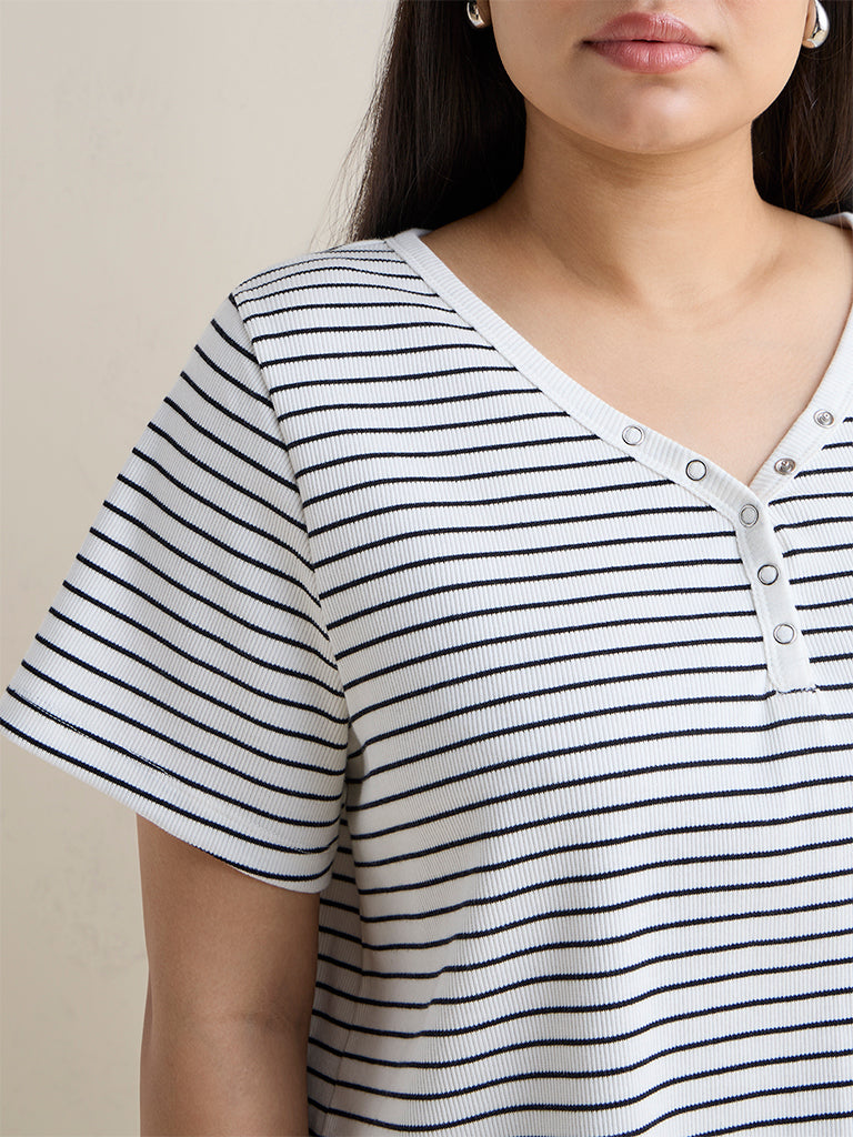Gia White and Black Striped Cotton-Blend Top