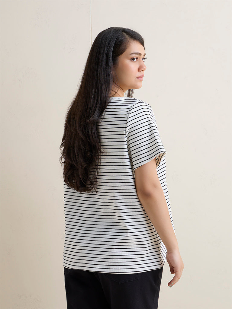 Gia White and Black Striped Cotton-Blend Top