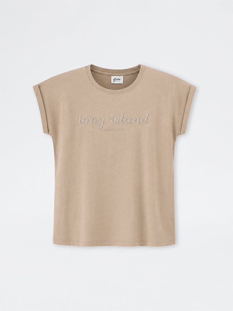 Gia Taupe Text-Detailed Cotton T-Shirt
